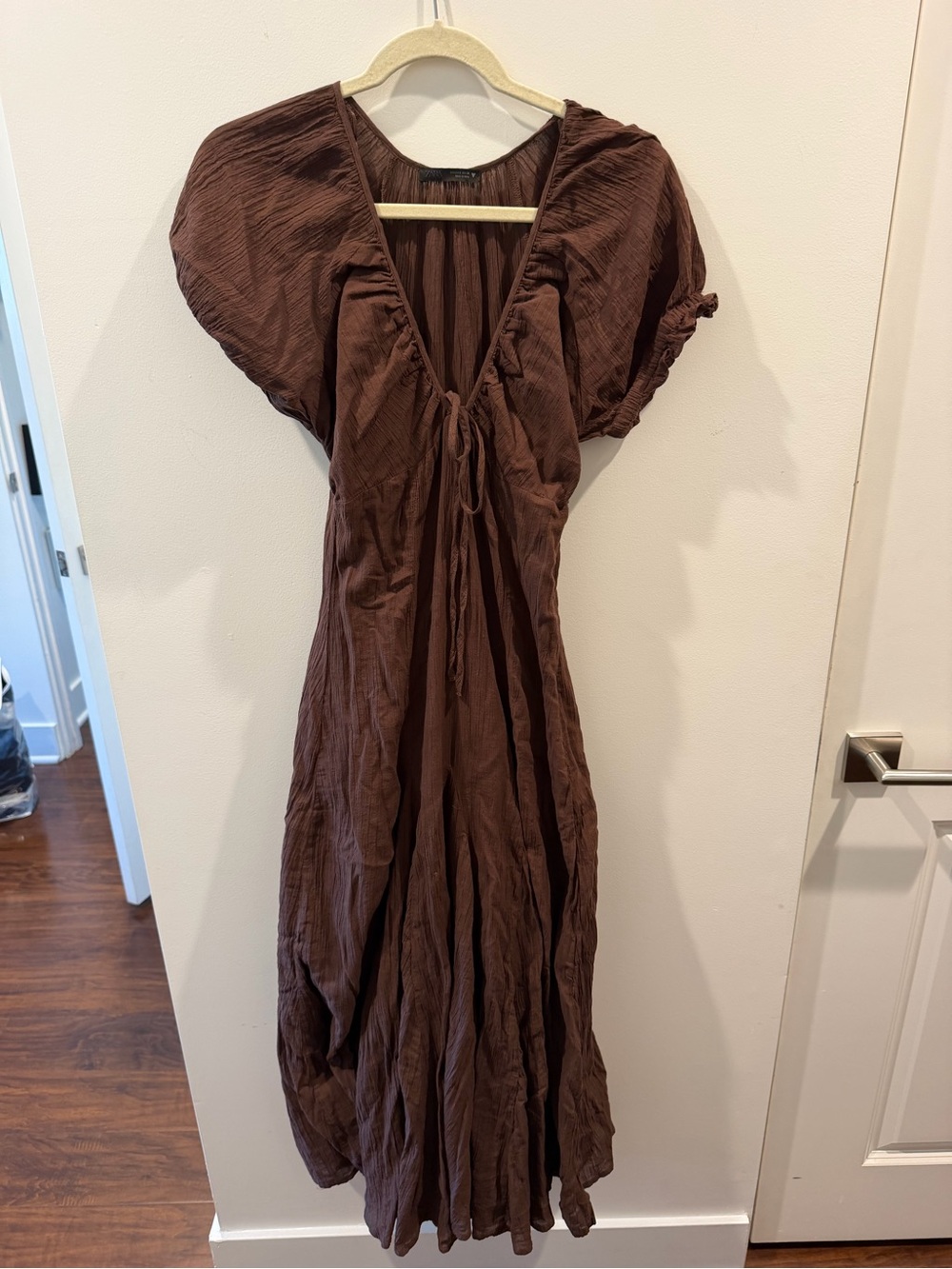 Zara Chocolate Brown Midi Dress with Tie Front